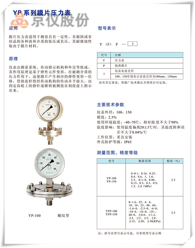 YP係列膜片壓力表